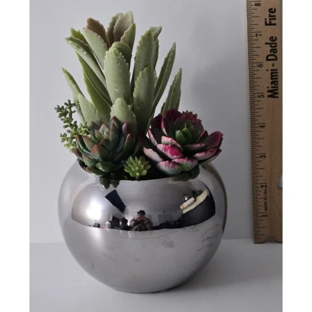 Handmade Artificial Succulent Arrangement in Silver Pot – Modern Home Decor